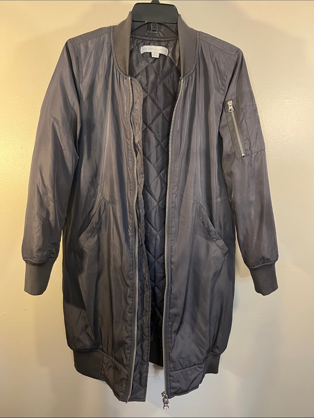 New York & Company Long Quilted Bomber Jacket - Gray